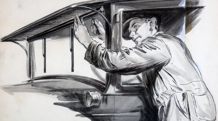 Line drawing of a mechanic replacing windshield wipers